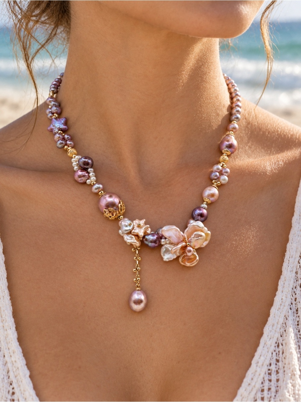 Purple Freshwater Pearl Star Cluster Necklace